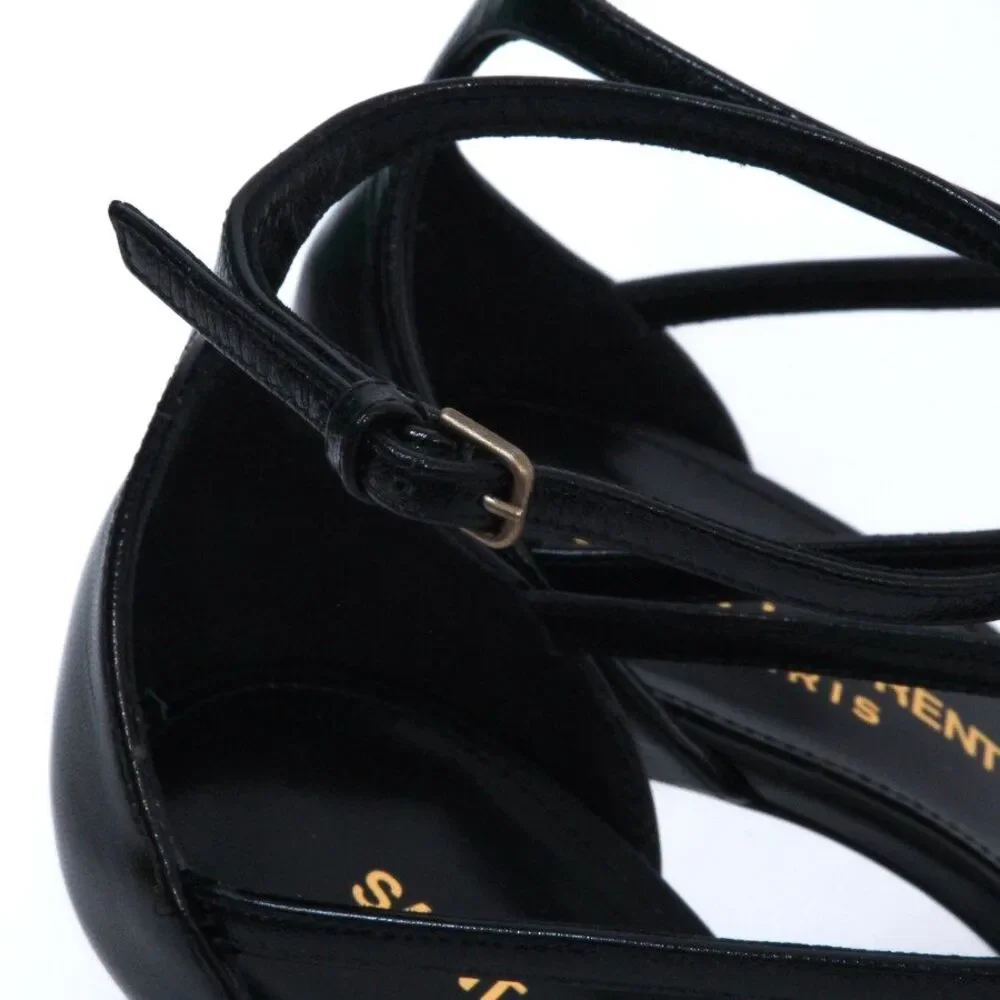 Saint Laurent Cassandra Sandals Black Leather Gold YSL Monogram Logo Heels 39